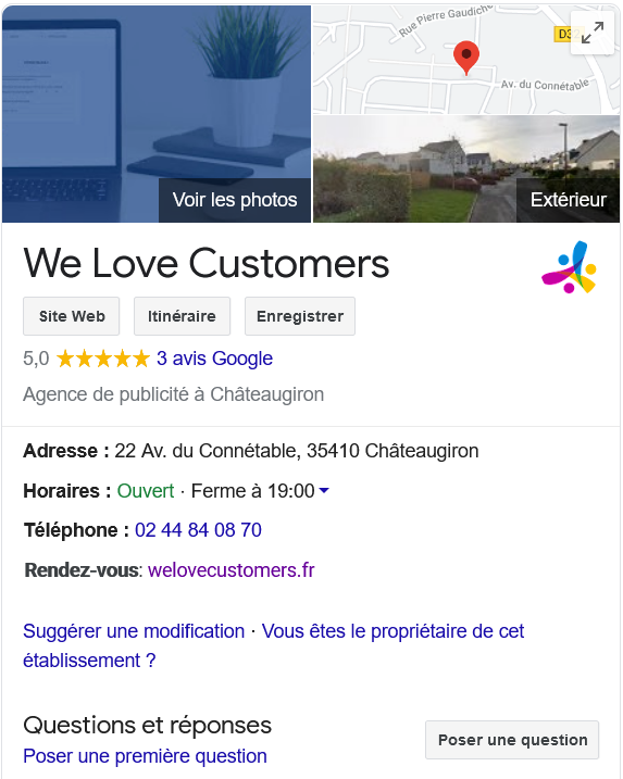 Fiche Google My Business de We Love Customers